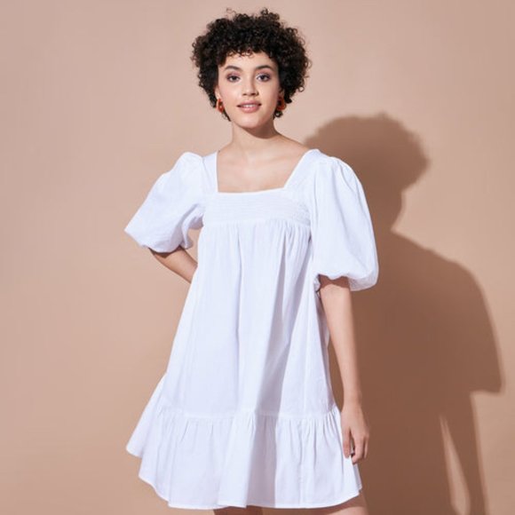 White Cotton Poplin Puff Sleeves Tiered Dress, - Picture 3 of 8